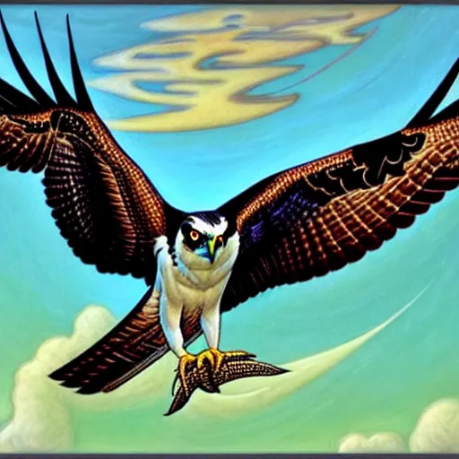 Prompt: An osprey in flight by Julie Dillon. Art nouveau.