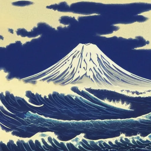 Image similar to Giant Wave with mount fuji in the background,wave larger than the mountain, highly detailed
