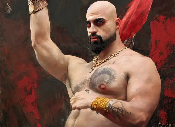 Image similar to a highly detailed beautiful portrait of bad bunny as kratos, by gregory manchess, james gurney, james jean