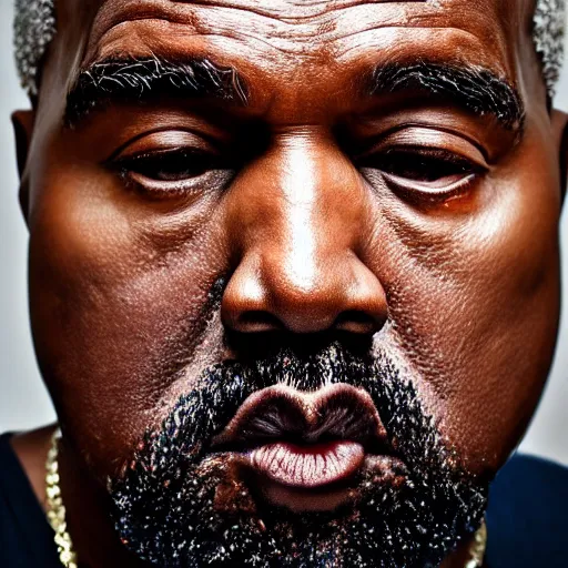 Image similar to the face of older kanye west at 5 0 years old, portrait by julia cameron, chiaroscuro lighting, shallow depth of field, 8 0 mm, f 1. 8