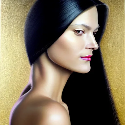 Prompt: Facial portrait of a gorgeous professional futuristic girl, looking away from the camera, seductive smile, gold jewellery, corporate, business, sparkle in eyes, lips slightly parted, long flowing hair, no hands visible, diamonds, science fiction, delicate, teasing, arrogant, defiant, bored, mysterious, intricate, extremely detailed painting by Mark Brooks (and by Greg Rutkowski), visible brushstrokes, thick paint visible, no light reflecting off paint, vibrant colors, studio lighting