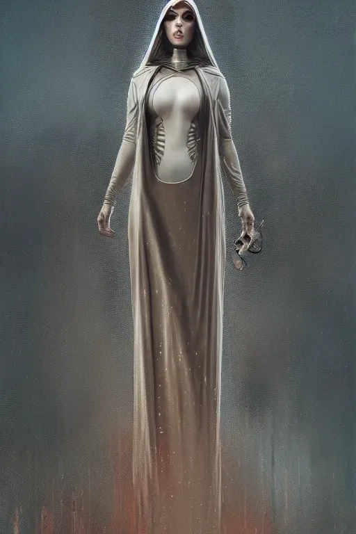 Prompt: ultra realist and ultra intricate detailed soft painting of a beautiful slim curvy female cybernun in long religious dress, thin lustrous auburn hair, symmetry features, sensual gloomy style, soft painting, volumetric clouds, cyberpunk background, artstation, Tom Bagshaw artstyle, unreal render, depth of field