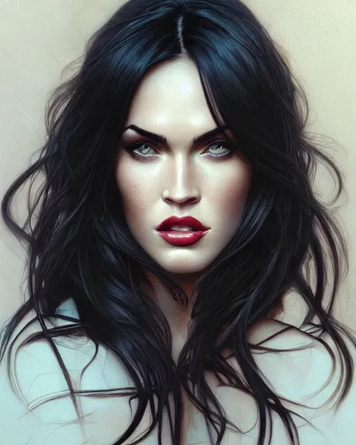 Image similar to portrait of megan fox vampire, dark, piercing eyes, gentle expression, elegant clothing, photorealistic, highly detailed, artstation, smooth, sharp focus, art by michael whelan, artgerm, greg rutkowski and alphonse mucha