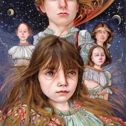 Prompt: realistic detailed face portraits and fully body poses of children flying through the stars by emilia dziubak, will terry, greg olsen, chris mars, ann long, and mark brooks, dramatic, fairytale, art nouveau, victorian, neo - gothic, gothic, character concept design, storybook design, smooth, extremely sharp detail, finely tuned detail - n 1 2