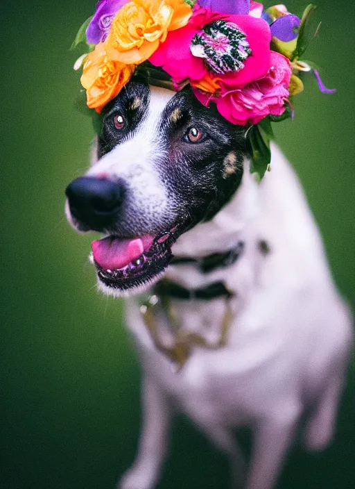 Image similar to 3 5 mm macro photography of a dog wearing a floral headdress and paisley suit