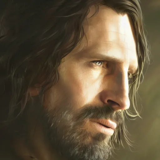 Prompt: a portrait of aragorn cinematic lighting, photorealistic, octane render, 8 k, depth of field, 3 d, art by artgerm and greg rutkowski and alphonse mucha and uang guangjian and gil elvgren and sachin ten