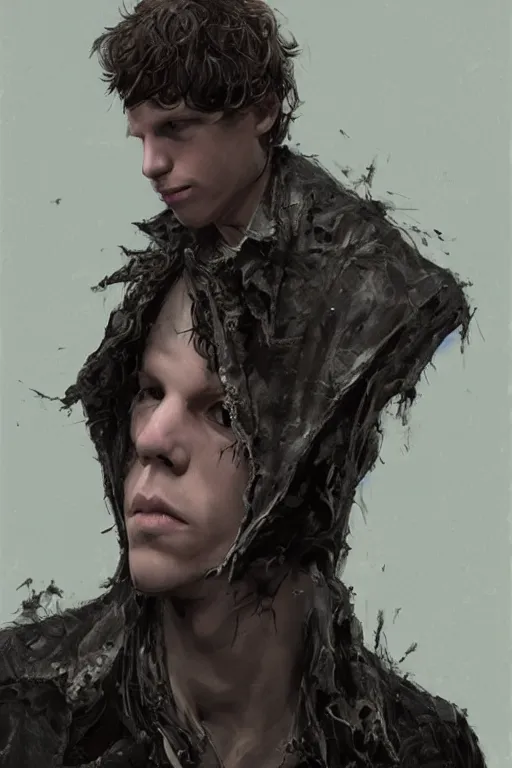 Image similar to Jesse eisenberg as a young man, shaved head, punk, tattered leather coat, intricate, elegant, dramatic lighting, highly detailed, lifelike, photorealistic, digital painting, artstation, illustration, concept art, smooth, sharp focus, art by John Collier and Albert Aublet and Krenz Cushart and Artem Demura and Alphonse Mucha