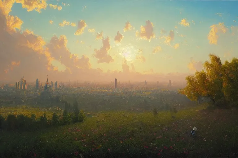 Prompt: a beautiful oil painting of bucharest with impressionist in a serene landscape above with a horizon line in the upper third by john howe and albert bierstadt and alena aenami and dan mumford and dave noton, unreal engine, trending on behance