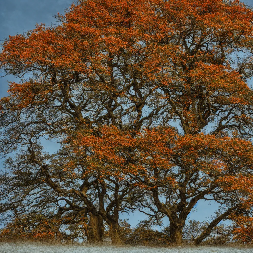 Prompt: single lonely old oak with foliage in winter, spring, summer and autumn colors, the tree is growing on a hillock, cinematic lighting, photo realistic image, 4K, super detailed