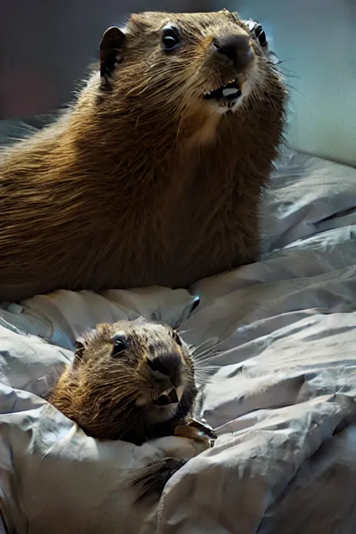 Image similar to drug addicted groundhog lies on the bed, realistic portrait, highly detailed, digital painting, artstation, concept art, smooth, sharp focus, illustration, cinematic lighting, art by artgerm and greg rutkowski and alphonse mucha