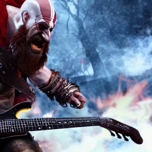 Prompt: screaming kratos shredding on a flaming stratocaster guitar, cinematic render, god of war 2 0 1 8, santa monica studio official media, sunglasses, lightning, spartan rage