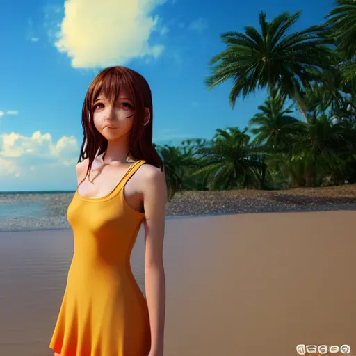 Image similar to Render of a very beautiful 3d anime girl, nami, long hair, hazel eyes, cute freckles, full round face, short smile, cute sundress, golden hour, serene beach setting, medium shot, mid-shot, highly detailed, trending on Artstation, Unreal Engine 4k