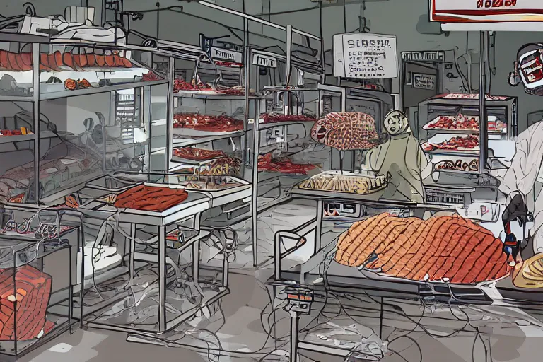 Prompt: A robotic butcher shop, where retirees come to buy fresh meat and sausages on weight. A cyborg with a lot of wires and a set of knives on the tabletop serves it. It's noticeable that several wires are sparking (it's malfunctioning). Under the counter lie the dismembered corpses of the people (shopkeepers and other customers) whose meat he is selling.