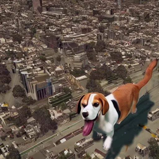 Image similar to gigantic 1 0 0 meters beagle dog attacking a city, epic cinematic, 4 k, very high detail