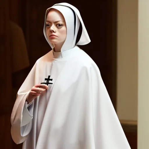 Image similar to A full body shot of Emma Stone dressed as a nun , catholic , high quality, fully detailed, 4k, inspired by handmaid's tale