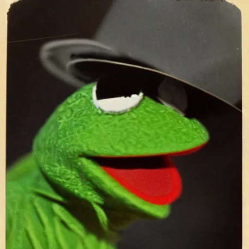 Prompt: vintage hollywood photo of kermit the frog wearing a fedora, 1 0 0 mm