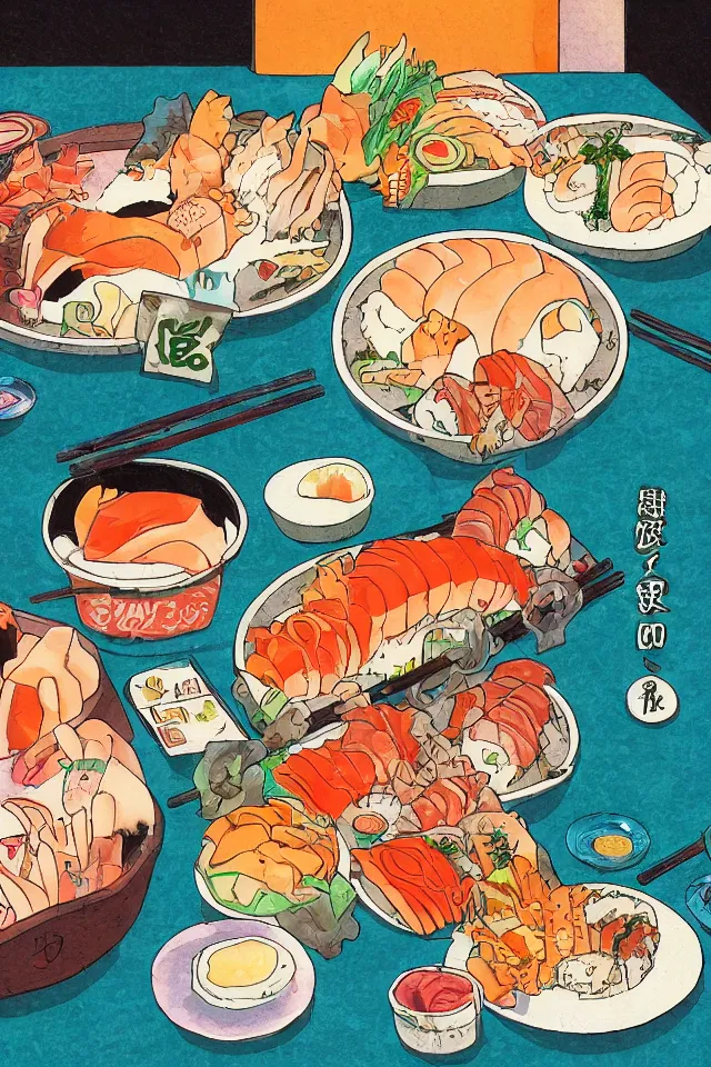 Image similar to a portrait of a shiba inu dog eating sushi in a sushi carousel restaurant, in the art style of studio ghibli, artistic, colorful palette, highly detailed