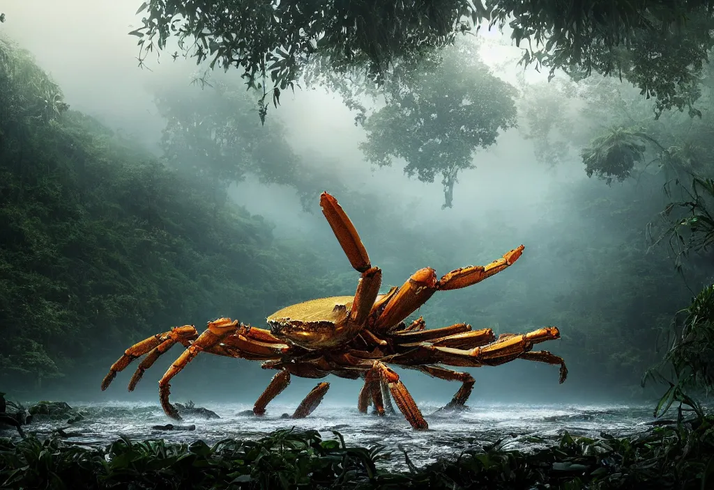 Image similar to an enormous giant crab king emerging from the waters, in a jungle with ominous light from above, ambient light, fog, river, very poetic
