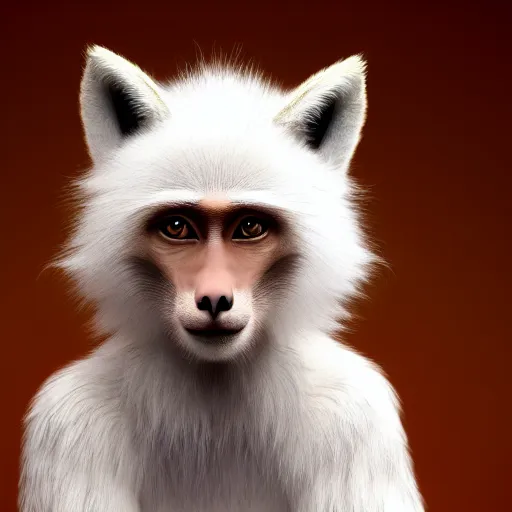 Image similar to fox as a monkey, fluffy white fur, very long tail, award winning creature portrait photography, extremely detailed, artstation, 8 k, sensual lighting, incredible art, wlop, artgerm