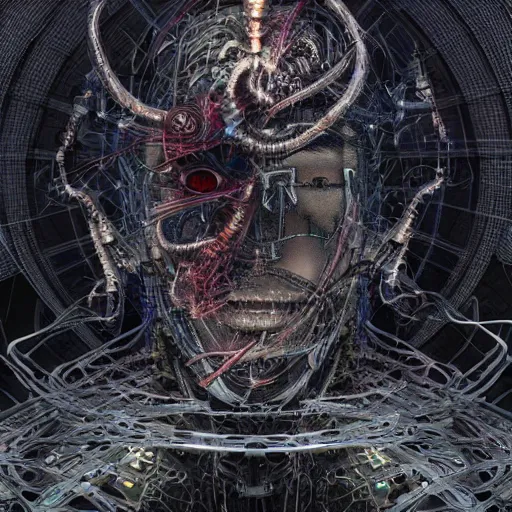 Prompt: cybernetic demon dreaming the destruction of reality with its highly networked mind, lsd, circuitry, intricate detail, royo, whealan, giger, klimt, hd, octane render, unreal engine,