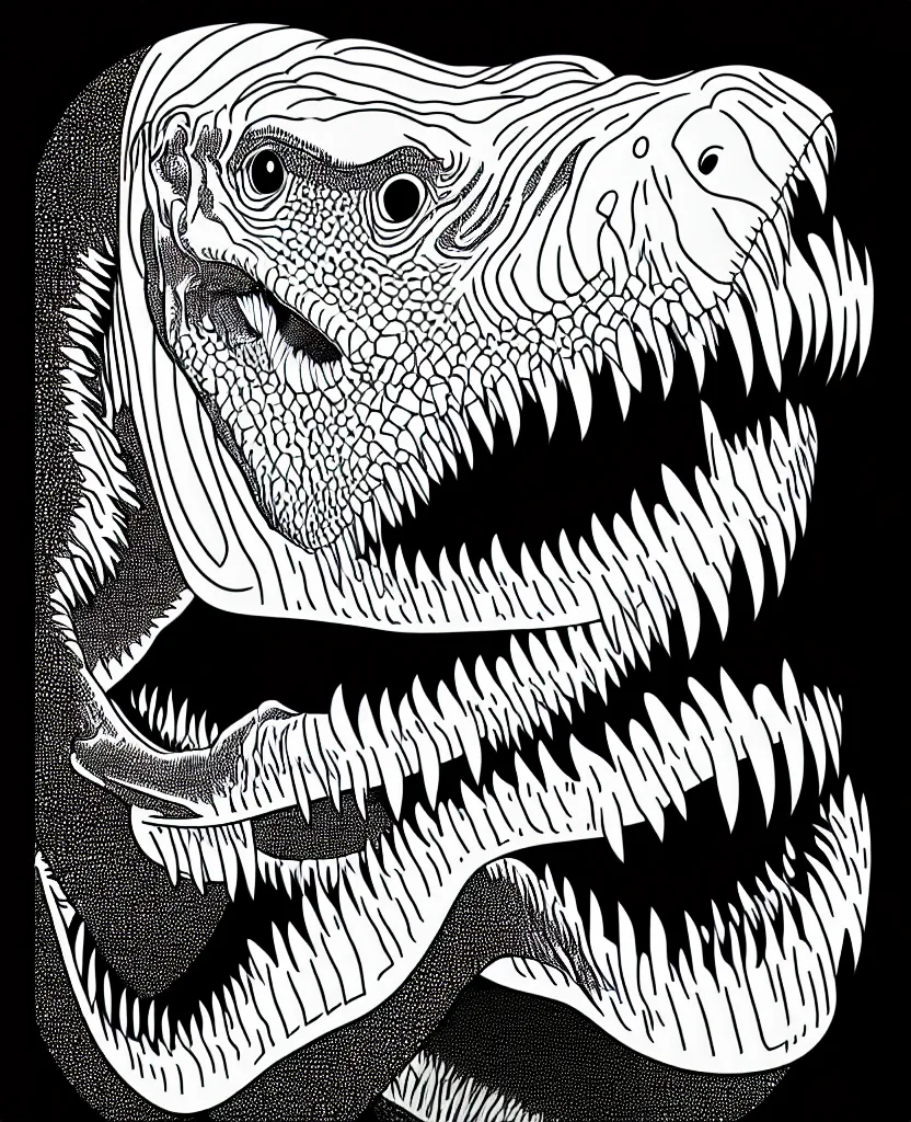 Image similar to tyrannosaurus rex walking around, symmetrical, accurate, simple clean black lines, black and white, white background and fill, coloring book, comic book, graphic art, line art, vector art, artstation