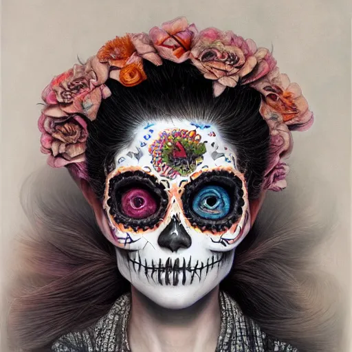 Prompt: realistic detailed painting of a cute punk Día de los Muertos girl by James Jean and Wayne Barlowe, cgsociety 8k