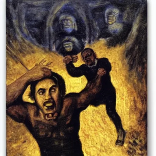 Prompt: Benjamin Netanyahu carrying large chunks of gold on his shoulders up a black mountain in hell, dark sky, by Franz Stuck