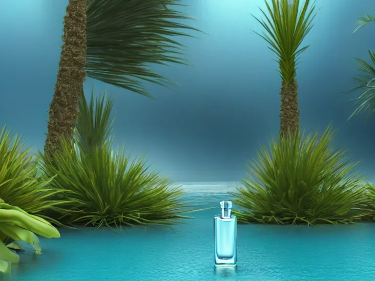 Image similar to perfume bottle standing in a desert oasis in deep blue pond water surrounded by tropical flora by zaha hadid ; octane highly render, 4 k, ultra hd, 2 0 0 mm, mute dramatic colours, soft blur outdoor stormy sea background, volumetric lighting