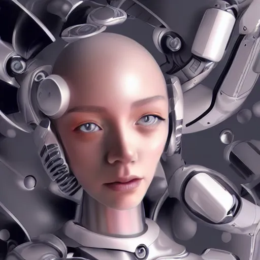 Prompt: girl, robot, cyborg, minerals, beautiful face, 3 d, hyperrealism, anime, 4 k