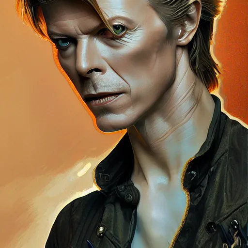 Image similar to Portrait of David Bowie, intricate, wild, highly detailed, digital painting, artstation, concept art, smooth, sharp focus, illustration, art by artgerm and greg rutkowski and alphonse mucha and Hajime Sorayama