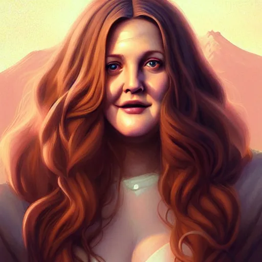 Prompt: beautiful digital portrait painting of drew barrymore as a marshmallow, symmetry! chocolate and graham cracker background, by charlie bowater, ross tran, artgerm, and makoto shinkai, detailed, inked, western comic book art