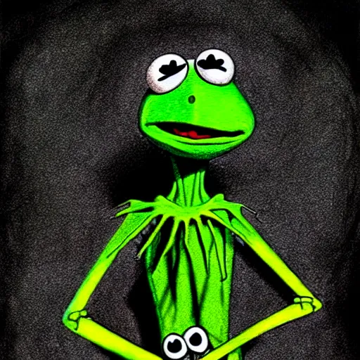 Image similar to grunge cartoon drawing of kermit the frog by - michael karcz , in the style of corpse bride, loony toons style, horror themed, detailed, elegant, intricate