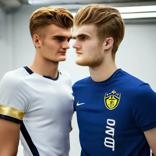 Image similar to a realistic detailed photo of a guy who is an attractive humanoid who is half robot and half humanoid, who is a male android, soccer players martin ødegaard & timo werner, shiny skin, posing like a statue, blank stare, in a factory, on display, showing off his muscles, gold soccer shorts, side view, looking at each other mindlessly