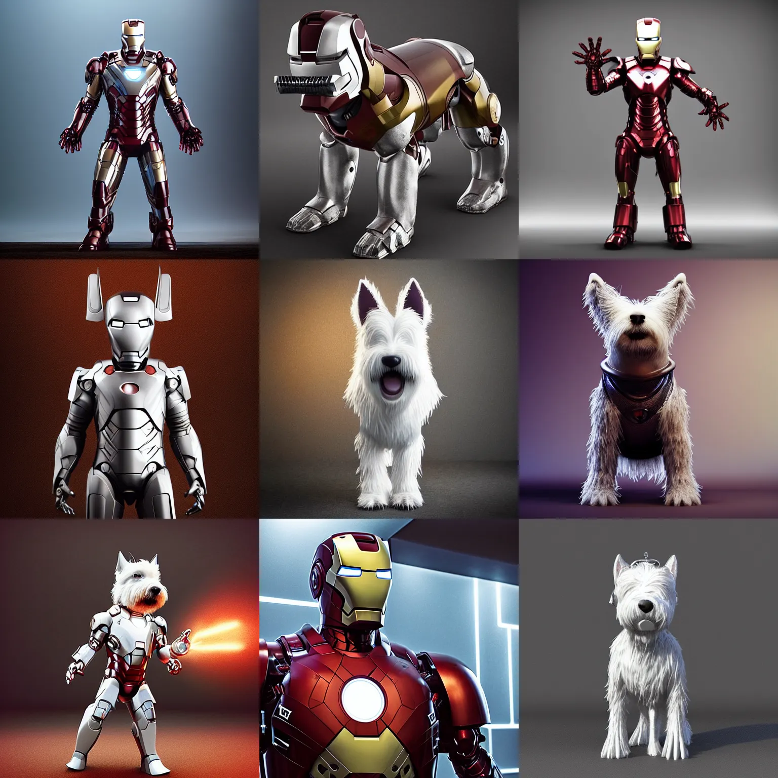 Prompt: “An anthropomorphic West-Highland-White-Terrier iron man, upright full body shot,UHD, hyperrealistic render, 4k, cyberpunk”