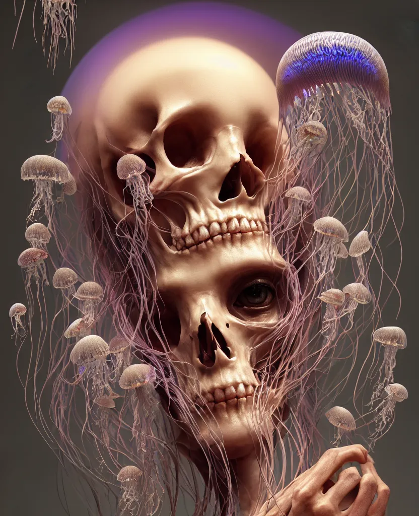 Image similar to goddess close - up portrait human skeleton, ram skull, jellyfish, orchid, betta fish, bioluminiscent, intricate artwork by tooth wu and wlop and beeple. octane render, trending on artstation, greg rutkowski very coherent symmetrical artwork. cinematic, hyper realism, high detail, octane render, 8 k