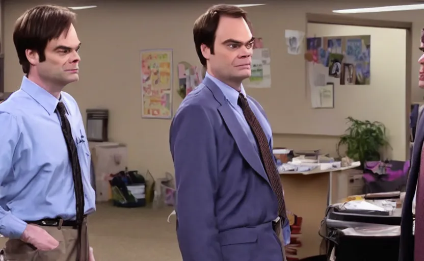 Prompt: screencap from the office, dwight schrute meeting bill hader barry in dunder mifflin, hd screencap