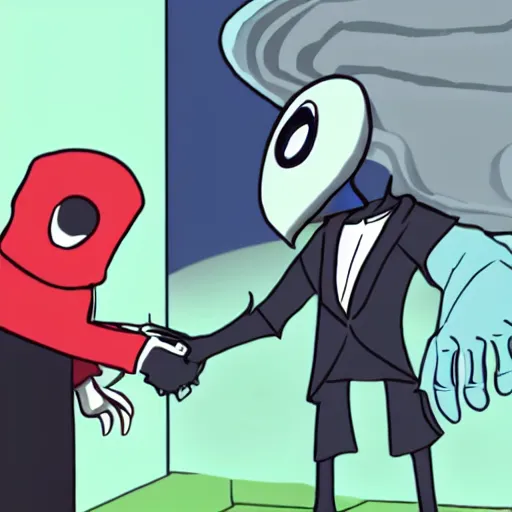 Image similar to the hollow knight shaking hands with ronald reagan