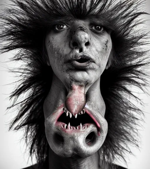 Prompt: Award winning Pathécolor full-body Editorial up-angled photograph of dirty early-medieval Scandinavian Folk ostrich Baring its teeth with incredible hair and fierce hyper-detailed eyes and a ridiculously large forked tongue poking out by Lee Jeffries and David Bailey, 85mm ND 3, perfect lighting, a heart-shaped birthmark on the forehead, dramatic highlights, wearing traditional garb, With huge sharp jagged Tusks and sharp white horns,