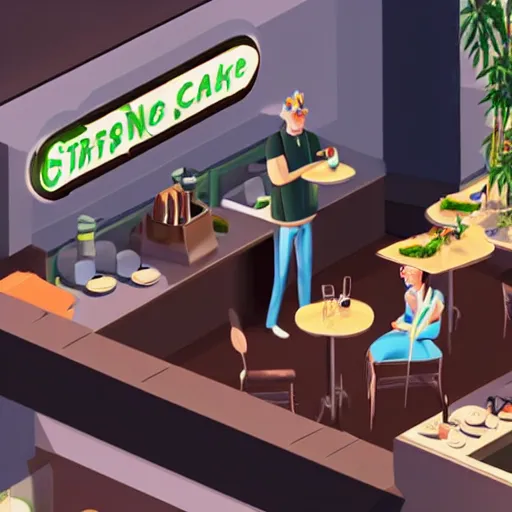 Image similar to barista at customers table : cafe serves cannabis cake for the first time in australia, isometric illustration fun, render in pixar, by darwyn cooke