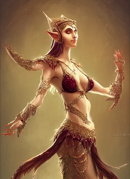 Prompt: a highly detailed illustration of an elegant elf arabian dancer, gracefully belly dancing pose, waving arms, high fantasy, intricate, elegant, highly detailed, centered, digital painting, artstation, concept art, smooth, sharp focus, league of legends concept art, WLOP