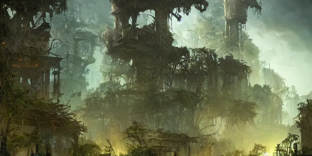 Image similar to concept art of an abandoned city in ruins, overgrown by a lush green forest, dramatic lighting, trending on Artstation, 8k, highly realistic, hyper detailed, unreal engine 5, IMAX quality, photorealistic, cinematic, epic lighting, in the style of Peter Mohrbacher and Peter Gric