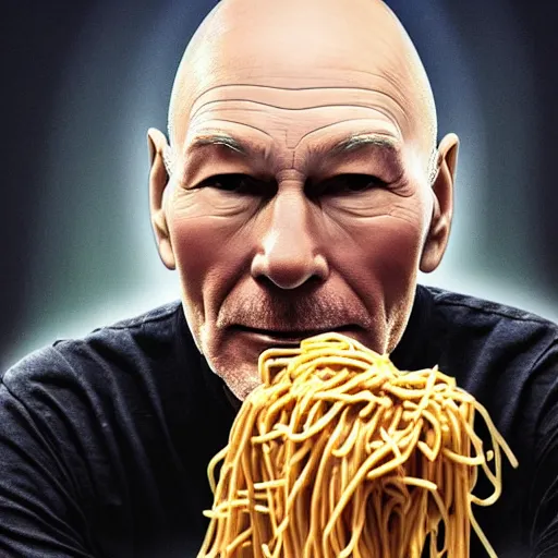 Image similar to patrick stewart eating spaghetti in a star ship concept art, ultra realistic, digital art, rich deep colors, smooth shadows, high resolution, cinematic