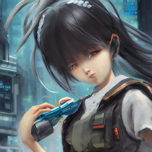 Image similar to dynamic composition, motion, ultra-detailed, incredibly detailed, a lot of details, amazing fine details and brush strokes, colorful and grayish palette, smooth, HD semirealistic anime CG concept art digital painting, watercolor oil painting of Clean and detailed post-cyberpunk sci-fi close-up schoolgirl in asian city in style of cytus and deemo, blue flame, relaxing, calm and mysterious vibes,, by a Chinese artist at ArtStation, by Huang Guangjian, Fenghua Zhong, Ruan Jia, Xin Jin and Wei Chang. Realistic artwork of a Chinese videogame, gradients, gentle an harmonic grayish colors. set in half-life 2, Matrix, GITS, Blade Runner, Neotokyo Source, Syndicate(2012), dynamic composition, beautiful with eerie vibes, very inspirational, very stylish, with gradients, surrealistic, dystopia, postapocalyptic vibes, depth of field, mist, rich cinematic atmosphere, perfect digital art, mystical journey in strange world