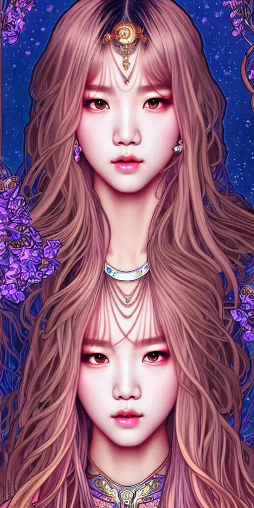 Image similar to lalisa manoban of blackpink, goddess of the moon, tarot card, highly detailed, digital painting, smooth, sharp focus, illustration, ultra realistic, 8 k, art by artgerm and alphonse mucha