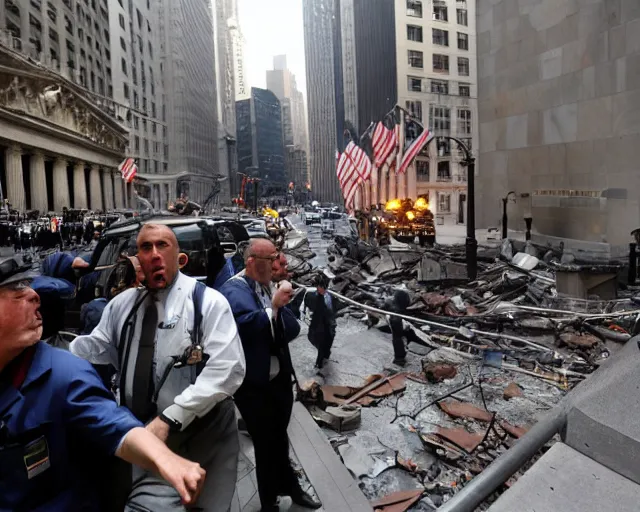 Prompt: wall street explosion, breaking news, photograph