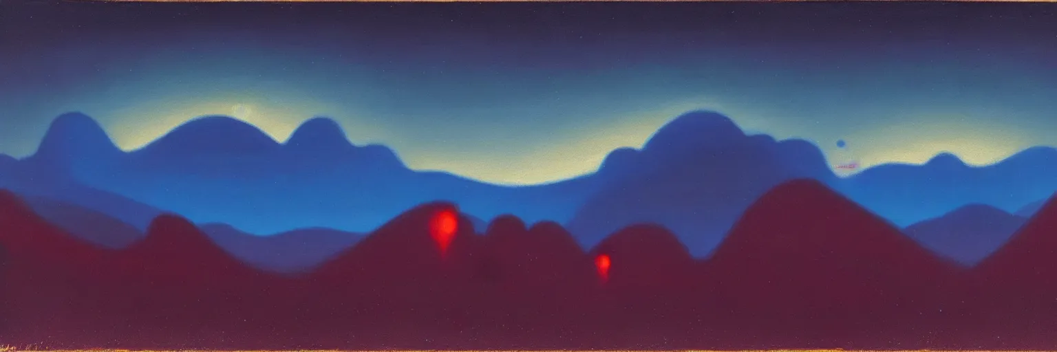 Image similar to cartoon paul lehr narrow night landscape with farawaymountains dark blue tones