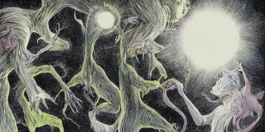 Image similar to dawn of creation ; first atom ; beings of light and darkness ; ethereal plane. bright neon colors. illustrated by maurice sendak and stephen gammell and junji ito