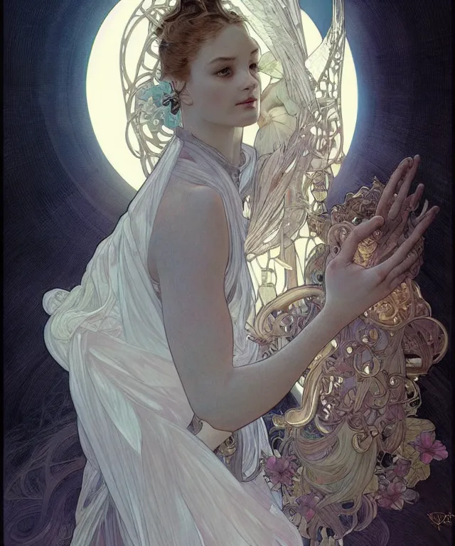 Image similar to beatiful woman looking at her self in a mirror and is seeing an angelic version of her self, dark surrealism , scifi, intricate, elegant, highly detailed, artstation, concept art, smooth, sharp focus, illustration, art by artgerm and moebius and alphonse mucha