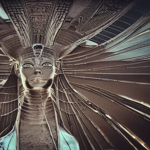 Image similar to a photo of a beautiful intricate epic futuristic hyper detailed cyber sphynx of egypt, cinematic lighting, taken with tilt shot