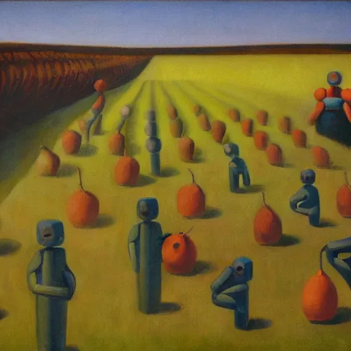 Image similar to an orchard for growing robots, grant wood, pj crook, edward hopper, oil on canvas